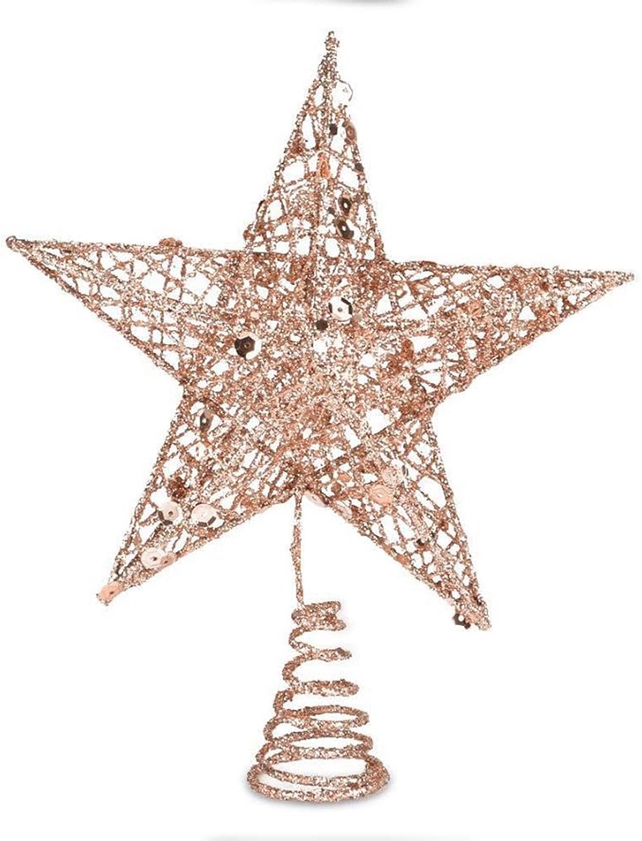 Glitterende roze-gouden ster kerstboomtopper, 20 cm lang, feestelijke decoratie.