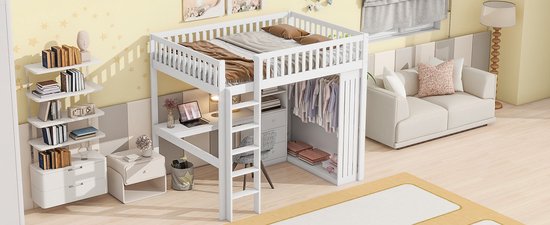 Lit mezzanine Merax 140x200 cm - avec bureau - armoire - 3 tiroirs - escalier - lit en bois avec espace de rangement - lit enfant avec bureau - Wit - sans Matras
