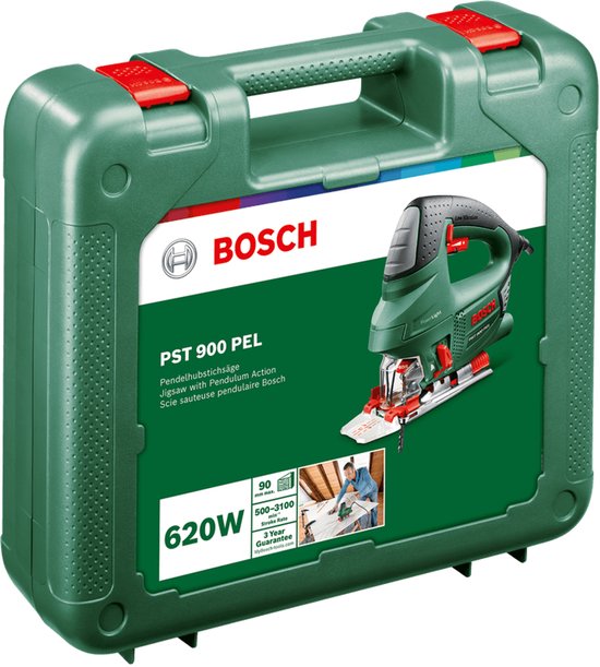 Groene Bosch koffer met groene Bosch decoupeerzaag en productinformatie.
