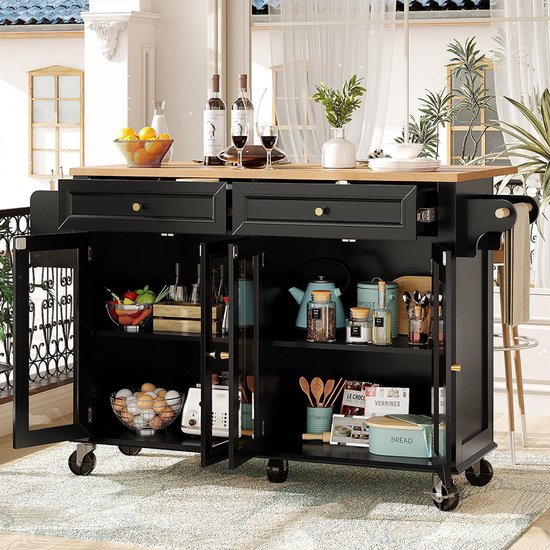 BLACKCOLORS Hoogwaardig Keukeneiland - Met Wieltjes en Glazen Deuren - Multifunctionele Serveerwagen - Met Houtnerf en Grote Opbergruimte - Verrijdbaar Buffet - Voor Eetkamer, Woonkamer, Keuken - Zwart