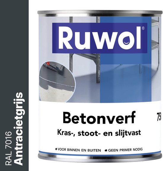 Ruwol Betonverf Antracietgrijs (RAL 7016) 750 ml - Voor binnen en buiten - Alle kleuren - Kras-, stoot- en slijtvaste verf voor beton en steen - Betonverf voor buiten