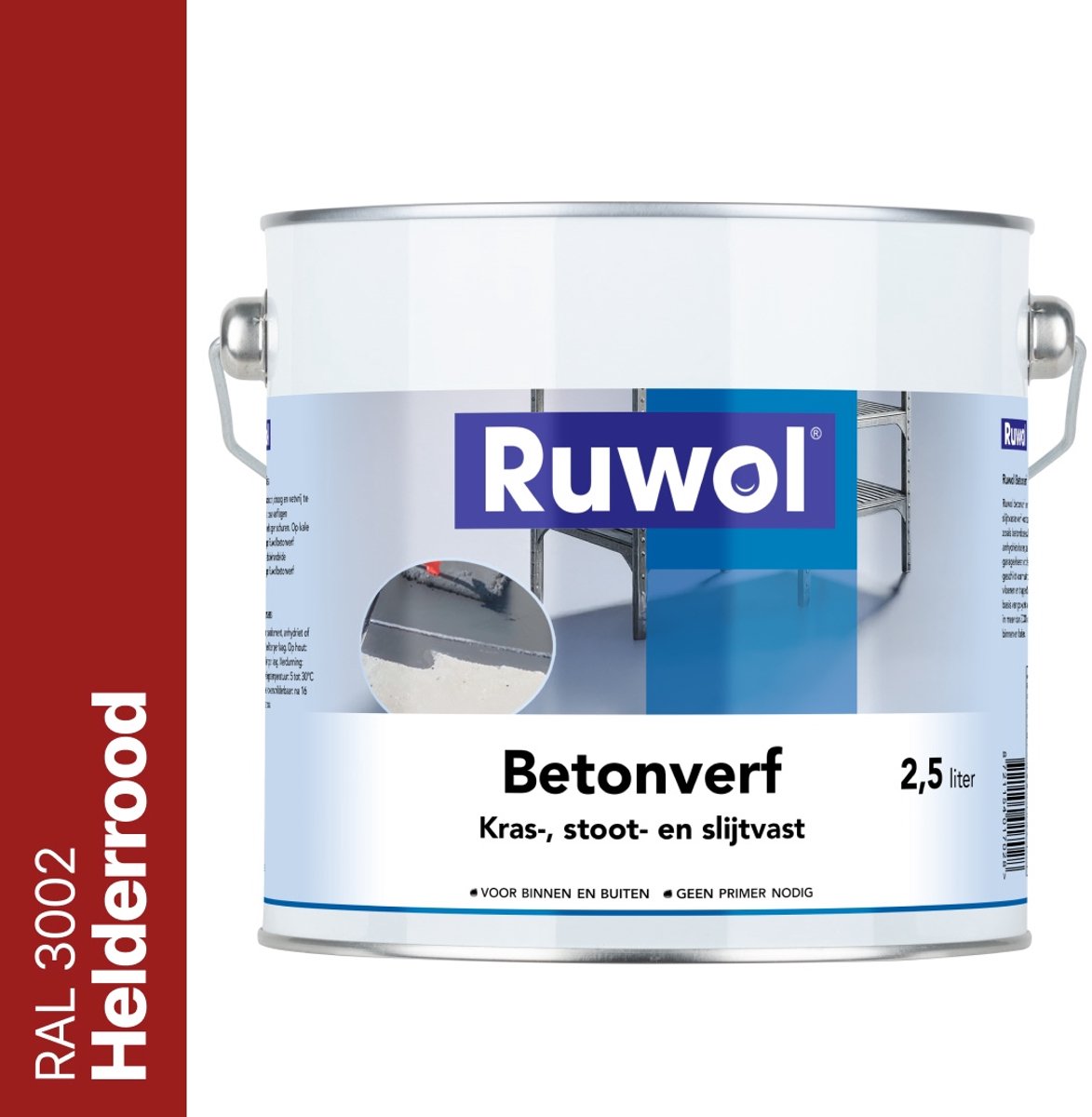 Ruwol Betonverf Helderrood (RAL 3002) 2,5 liter - Voor binnen en buiten - Alle kleuren - Kras-, stoot- en slijtvaste verf voor beton en steen - Betonverf voor buiten