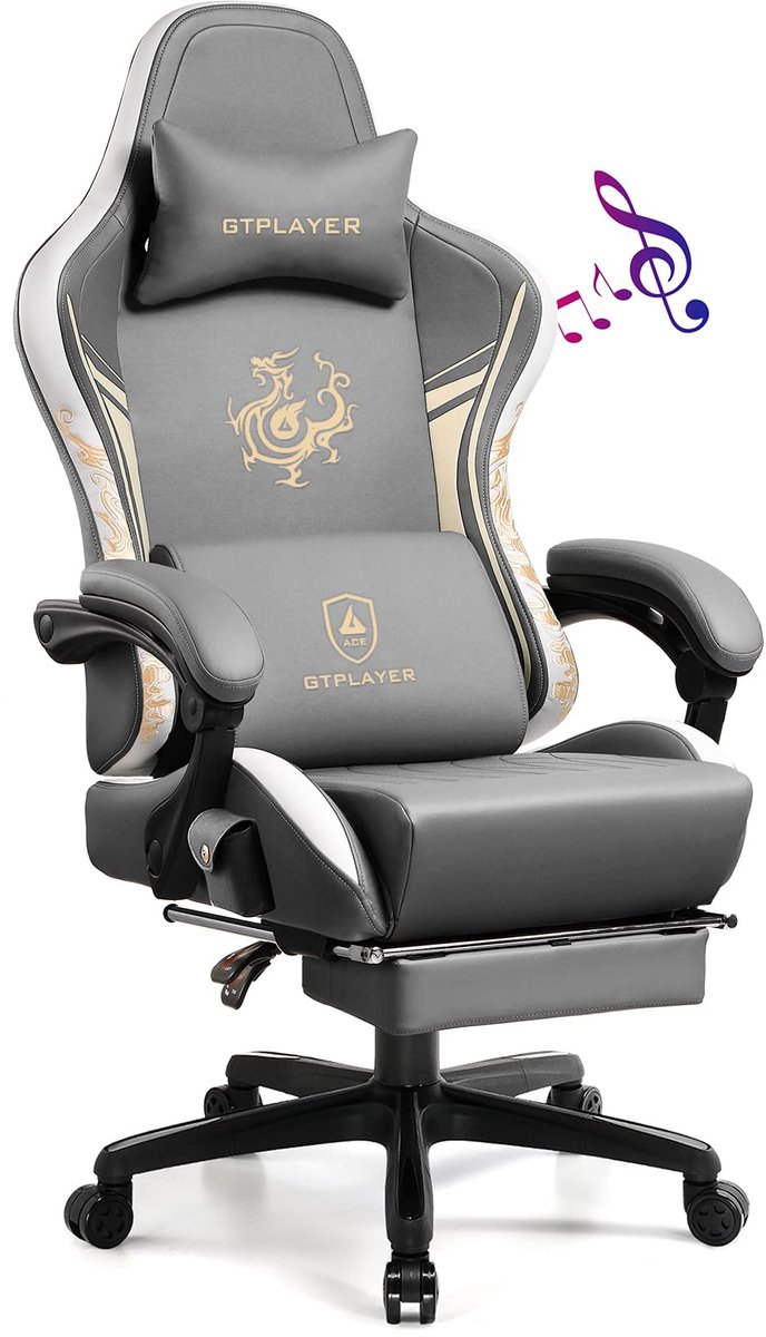 GTPLAYER - Dragon Series Gamingstoel - Met Bluetooth Luidsprekers en Voetsteun - Grijs