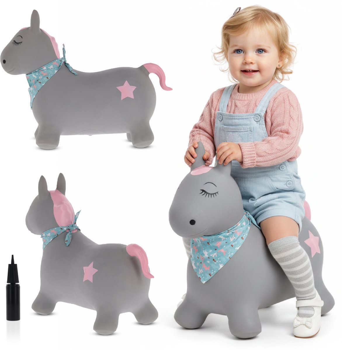 sun baby - Springdier met pomp vanaaf 1 jaar - Paard - grijs met bandana - max 50kg, duurzaam rubber, gecertificeerd, bpa-vrij, springpaard, springhond