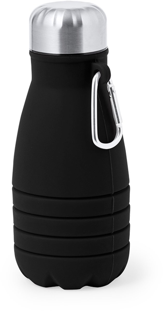 Opvouwbare fles zwart - 550 ml - siliconen body en RVS dop - inclusief karabijnhaak