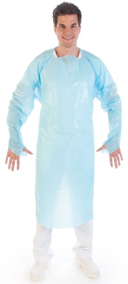 Onderzoeksjas XL – 50my – 115 cm – Blauw | Lange Mouwen met Tricot Manchet | Waterafstotend Non-Woven | Medische Onderzoeksjas | Verpakt per 25 stuks