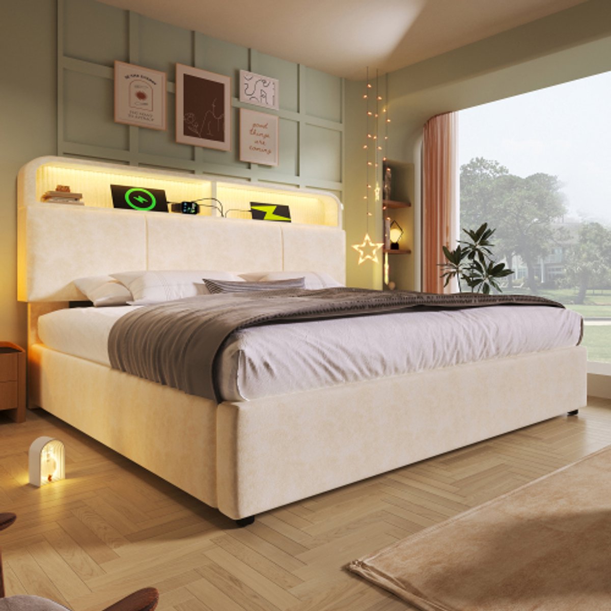 Gutent Gestoffeerd tweepersoonsbed 160x200 cm-met in hoogte verstelbaar opberghoofdeinde-beige-zonder matras