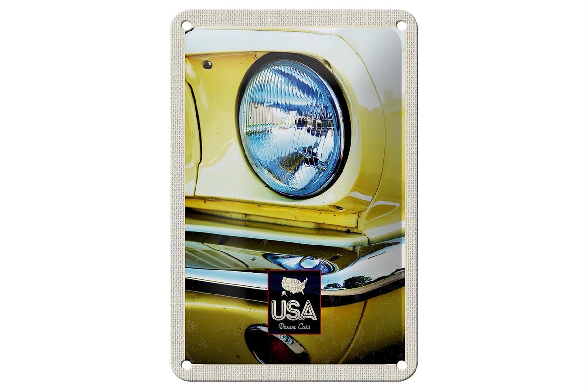 Blechschild Reise 12x18cm Amerika Oldtimer Scheinwerfer gelb Schild