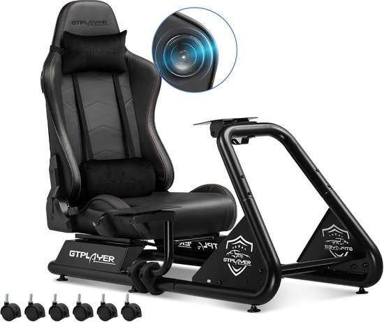 Cockpit simulateur de siège de course GTPLAYER noir avec cadre noir, roues réglables et support lombaire. Comprend un gros plan d'un haut-parleur.