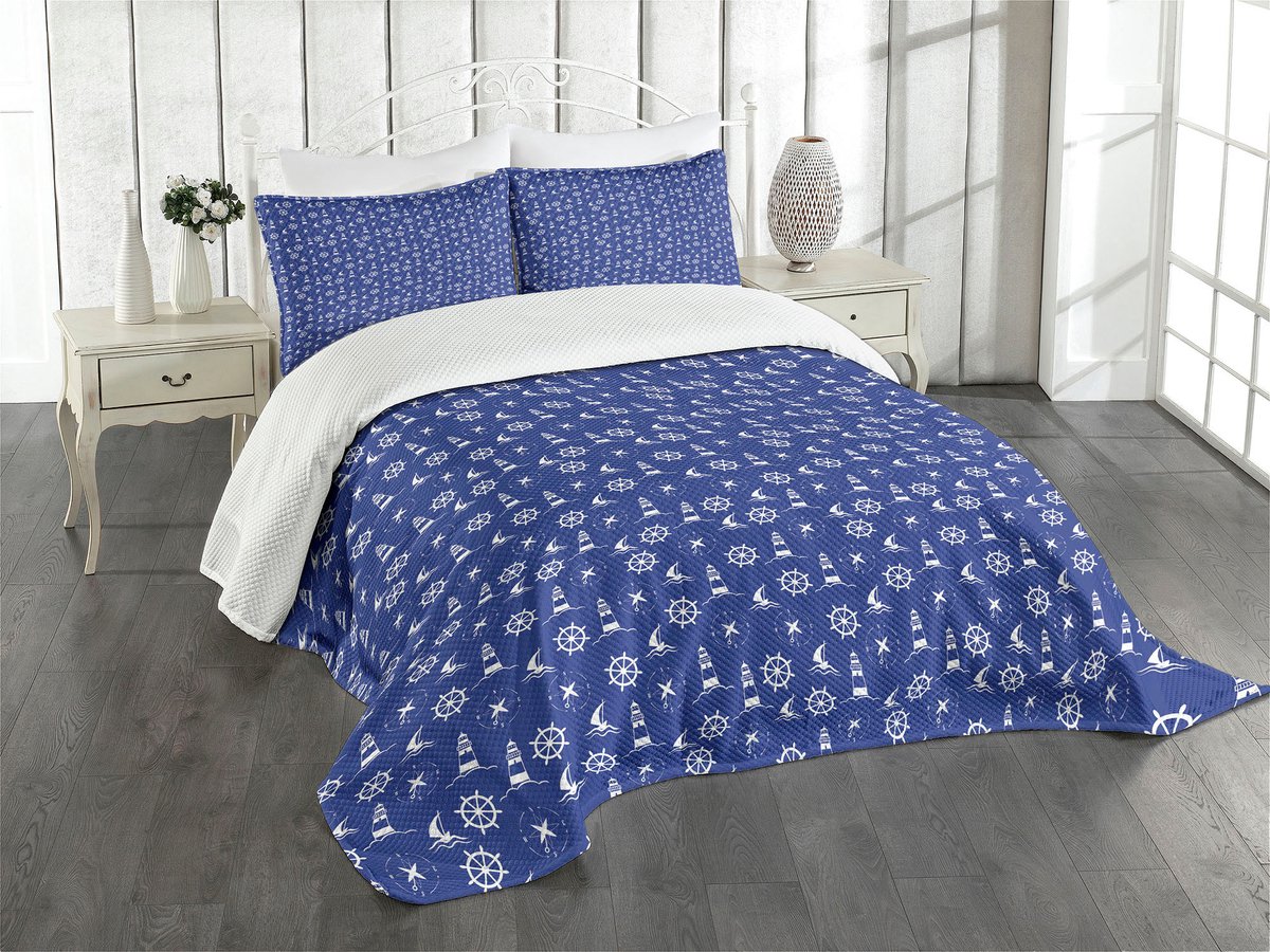 Vuurtoren dagdekbed – 264 x 220 cm – 3-delige set, gequilt, paars/blauw/wit