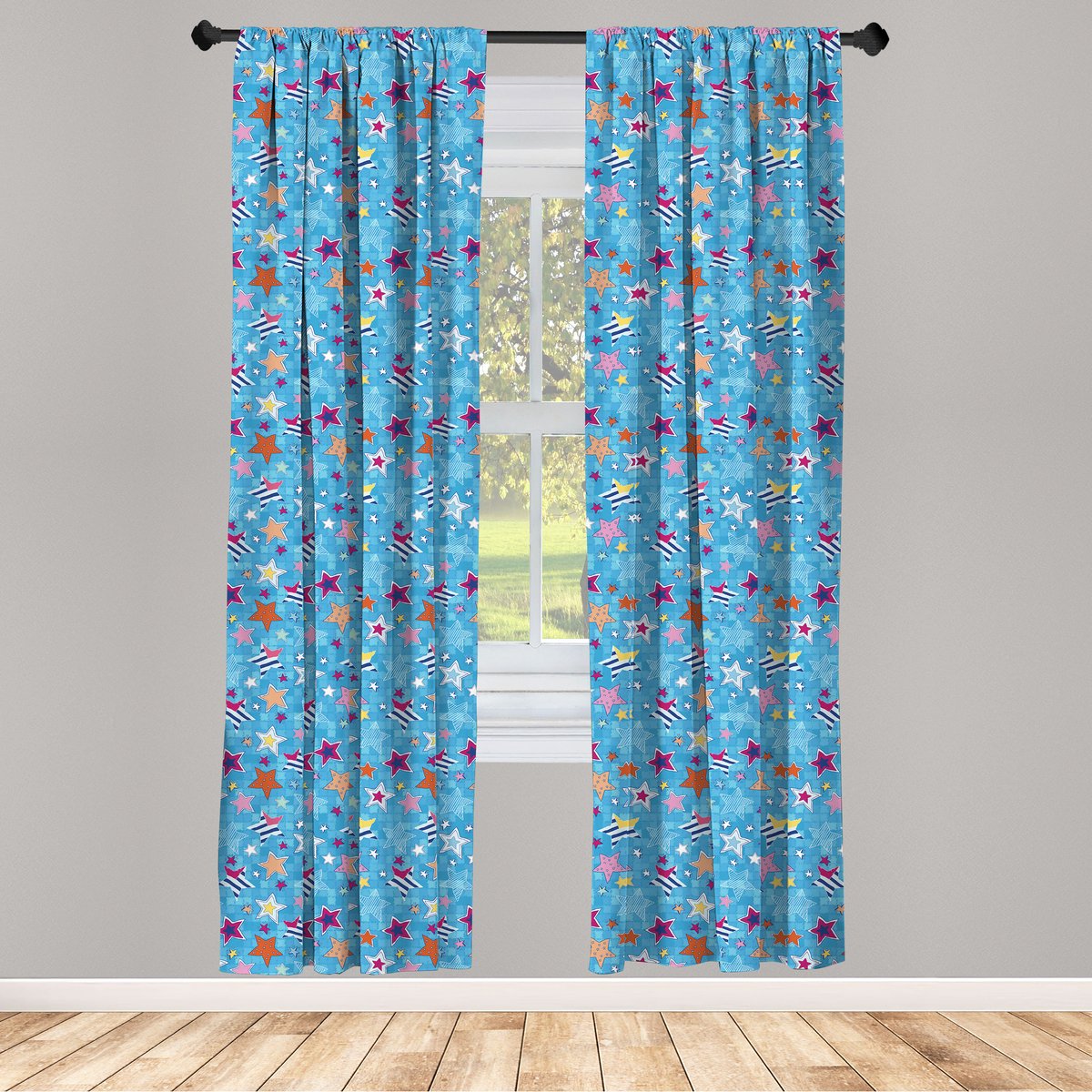 ABAKUHAUS Sterren gordijnen – 2x75x245 cm – Veelkleurige hemellichamen Blauw meerkleurig