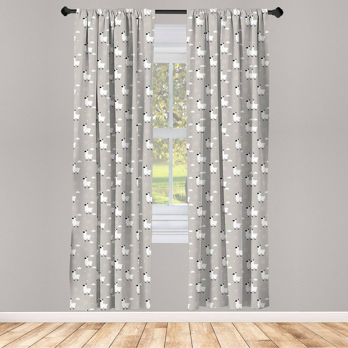 ABAKUHAUS Schaapmotief – Voorhangen 2x75x225 cm – Lichtgrijs – Halfverduisterend