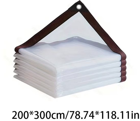 Opgevouwen transparant zeildoek van 200x300cm met bruine rand en metalen oogjes.