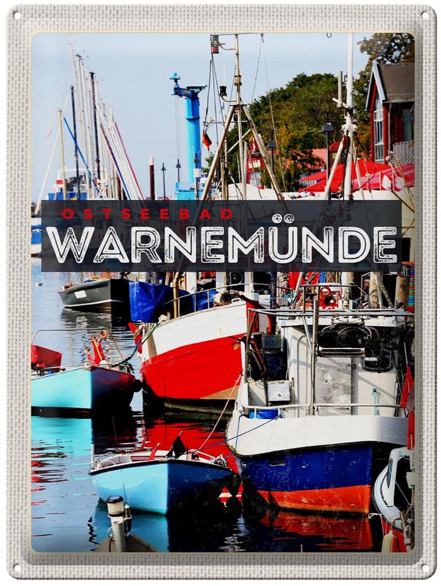Blechschild Reise 30x40cm Warnemünde Ostseebad Schiffe Boot Meer