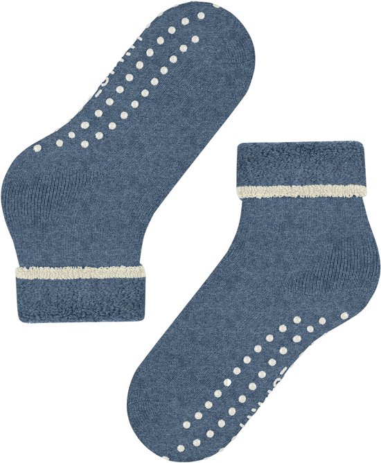 Blauwe huissokken met witte noppen op de zool en beige boord.