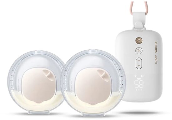 Tire-lait électrique mains libres double Philips Avent. Unité moteur blanche avec cordon rose et 2 x tasses de pompage transparentes.