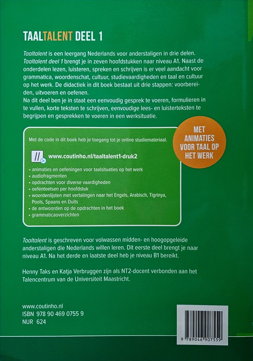 De achterkant van "Taaltalent Deel 1". Met de code in dit boek heb je toegang tot online studiemateriaal, animaties, audiofragmenten, opdrachten, woordentrainingen en grammaticaoverzichten.