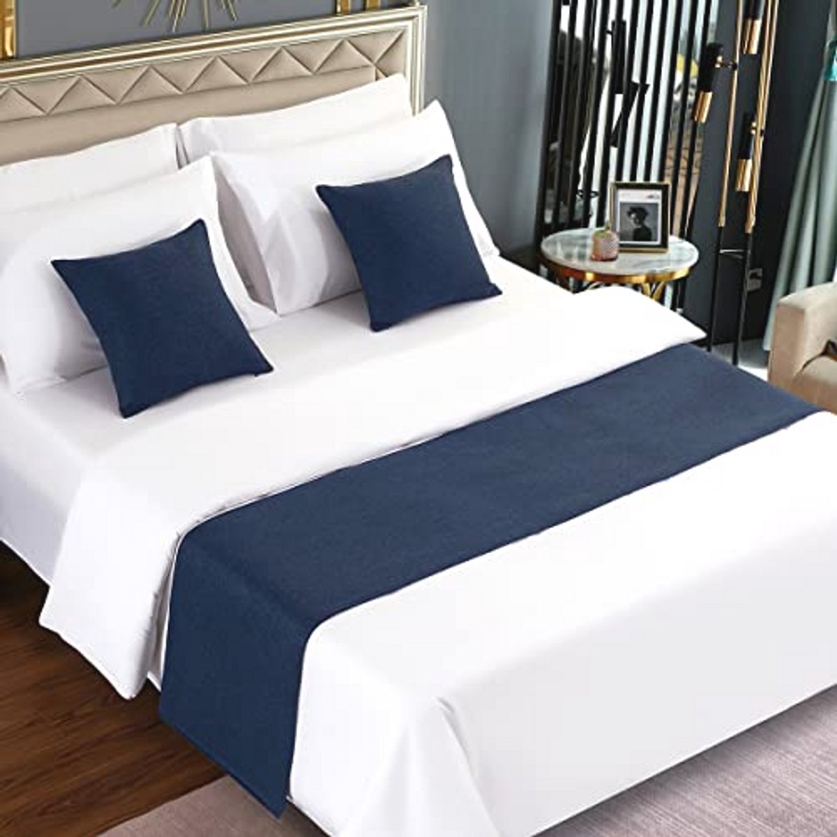 Decoratieve Bed Runner Donkerblauw van Imitatielinnen