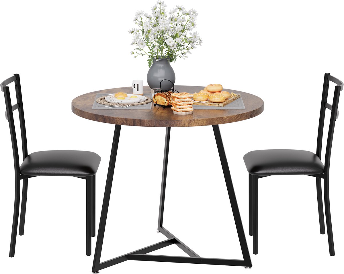 3‑delige eettafelset voor 2 personen - ronde eethoek met beklede stoelen - 80 x 80 x 75cm -bruin