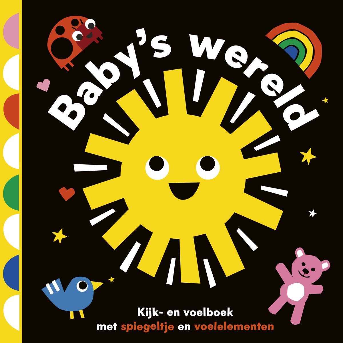 Een boekpagina met de tekst 'Baby's wereld', een zonnetje, vogeltje, teddybeer, lieveheersbeestje en regenboog.