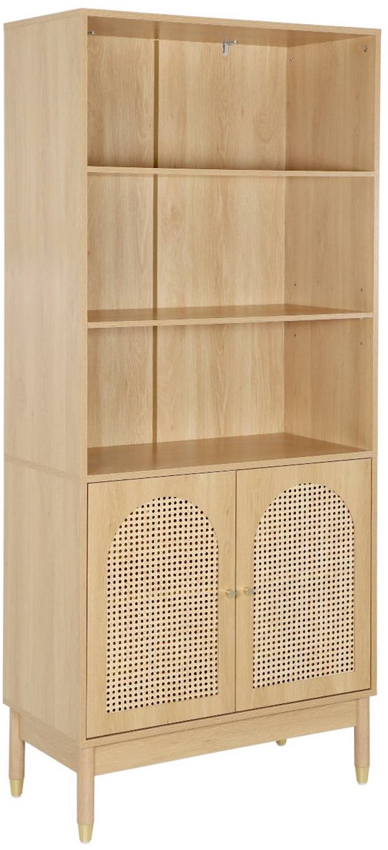 sweeek Boekenkast houteffect en rotan 4 niveaus 2 deuren - 80 x 40 x 178 cm - judith Naturel