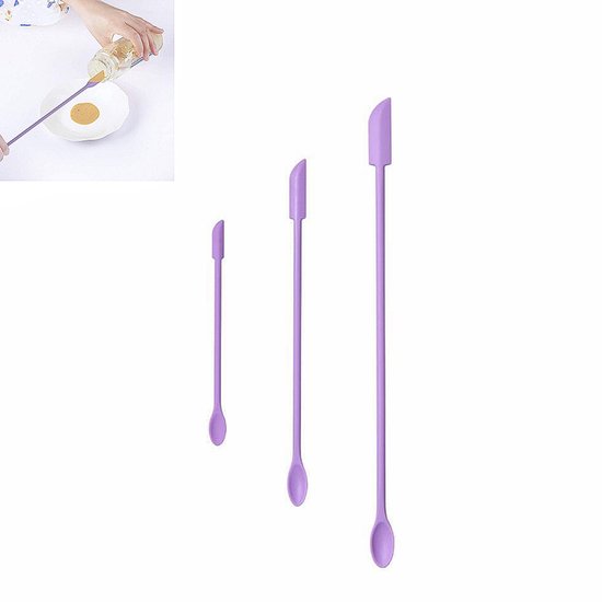 Ensemble de 3 spatules mini en silicone - Silicone souple pour un raclage en profondeur - Spatule pour flacon cosmétique - Cuillère en silicone pour crème/lotion - 30,5*1,6 cm - Convient pour un usage domestique de crèmes cosmétiques - Violet.