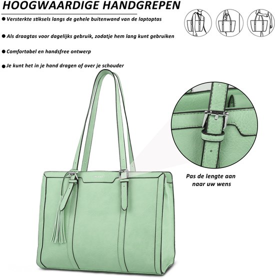 Lichtgroene laptoptas met close-up van de versterkte hengsels en uitleg over de aanpasbare lengte en comfortabel handsfree ontwerp.