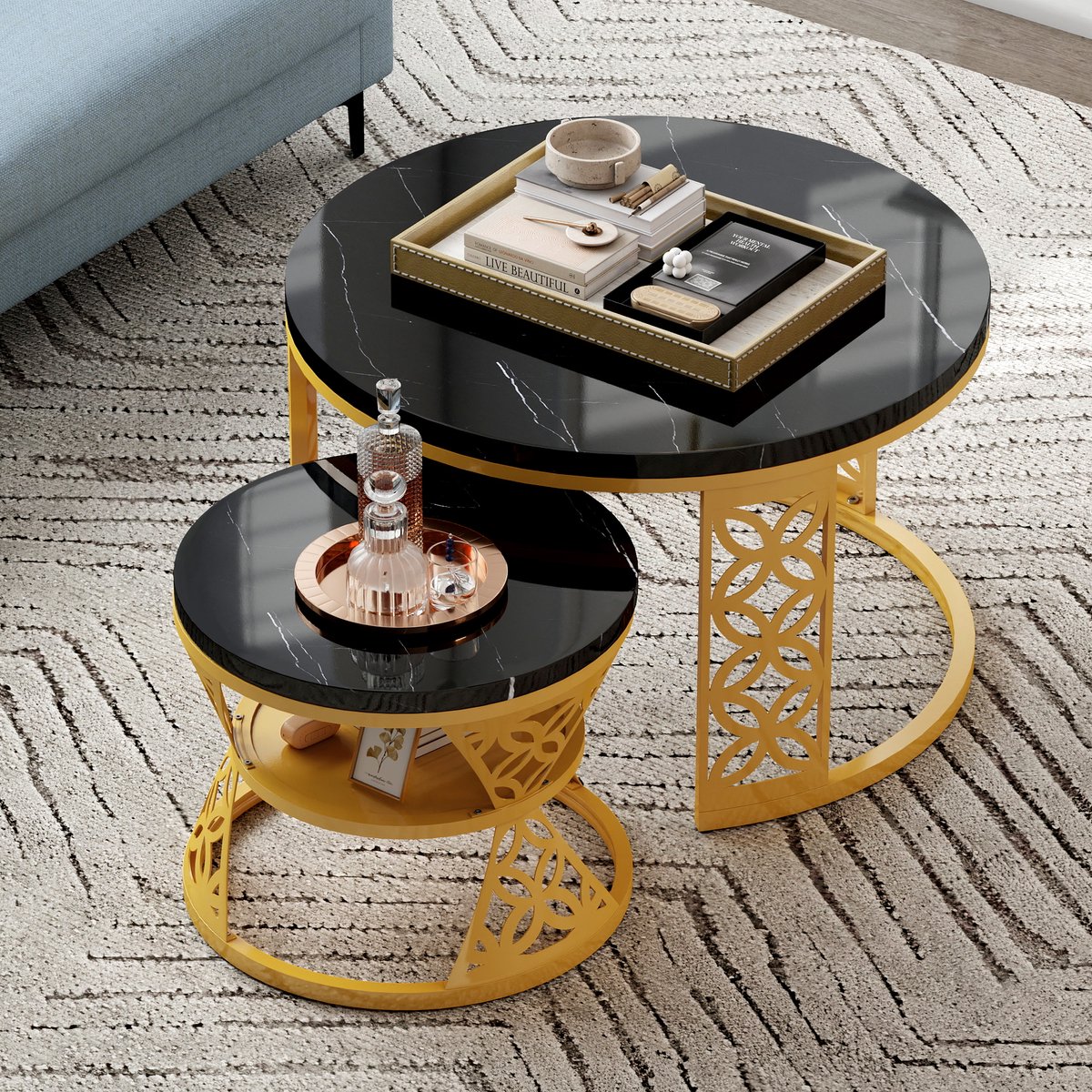 STILVORA Rond Salontafel Set Van 2 - MDF Marmerlook Blad - Goud Metaal Frame - Modern Design - 70×70×45 & 45×45×37 Cm - Goud En Zwart