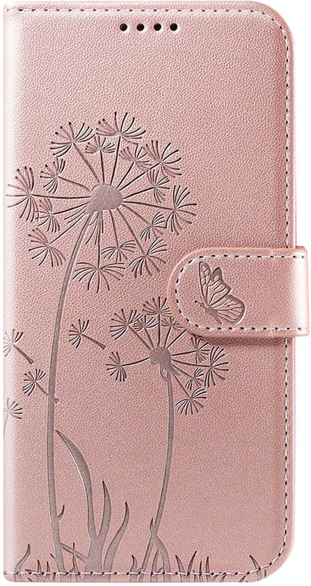 Étui de téléphone rose champagne avec gaufrage pissenlit et papillon, fermé.