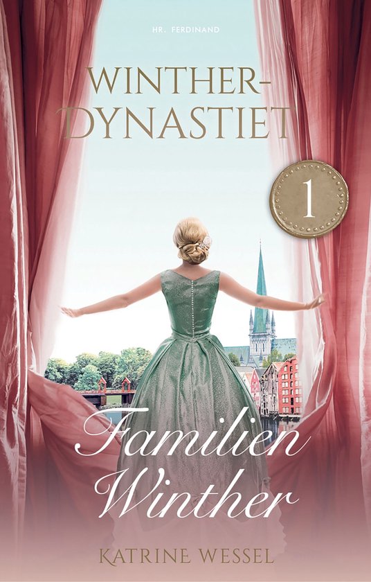 Boekomslag met vrouw in groene jurk voor een raam, met de titel 'Winther-dynastie Familien Winther'.
