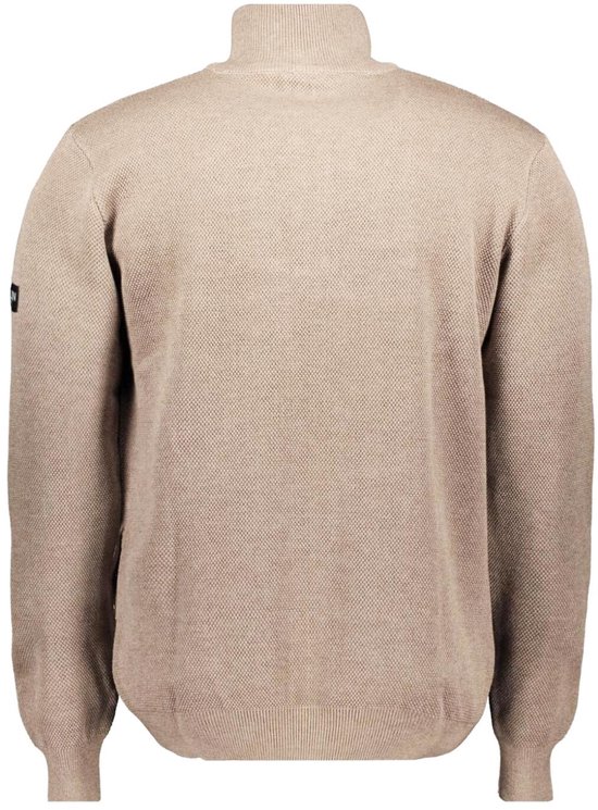 Achterkant van een beige Ballin trui in gebreide structuur met een klein merklabel op de mouw.