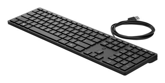 Zwart HP toetsenbord met numeriek toetsenblok en een USB-kabel.