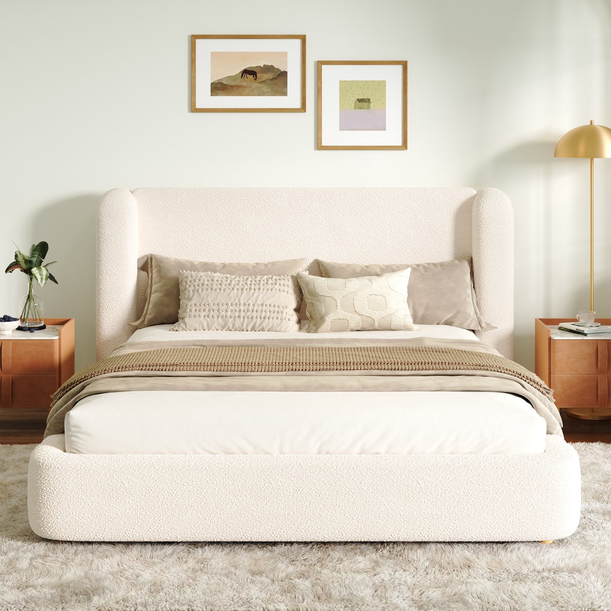 Merax Gestoffeerd bed 160 x 200 cm - met bedbodem - hoofdeinde en opbergruimte - gestoffeerd hoofdeinde - beige - zonder matras