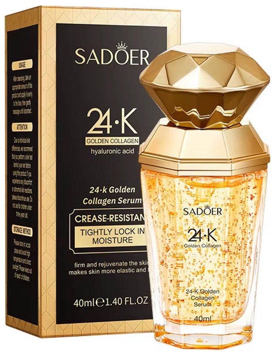 SADOER | 24K Gouden Serum | Golden Collagen Serum | 24K Goud Serum | Collageen Serum | Hyaluronzuur | Anti-Aging | Anti-Rimpel | Hydraterend Serum | Verstevigend | Fijne Lijntjes | Stralende Huid | Gezichtsserum 40ml | Luxe Huidverzorging