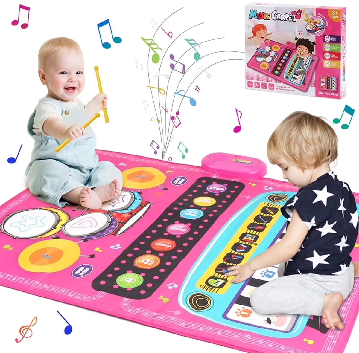 Kraftverdia - 3 in 1 Muziekmat - Kinderspeelgoed 1 2 3 Jaar - Dansmat - Pianomat - touch speelkleed - Pianoklavier & Drumset met 2 Drumstokken - Cadeau Vroeg Educatief Muzikaal Leerspeelgoed - meisjes en jongens - Babyspeelgoed - Roze