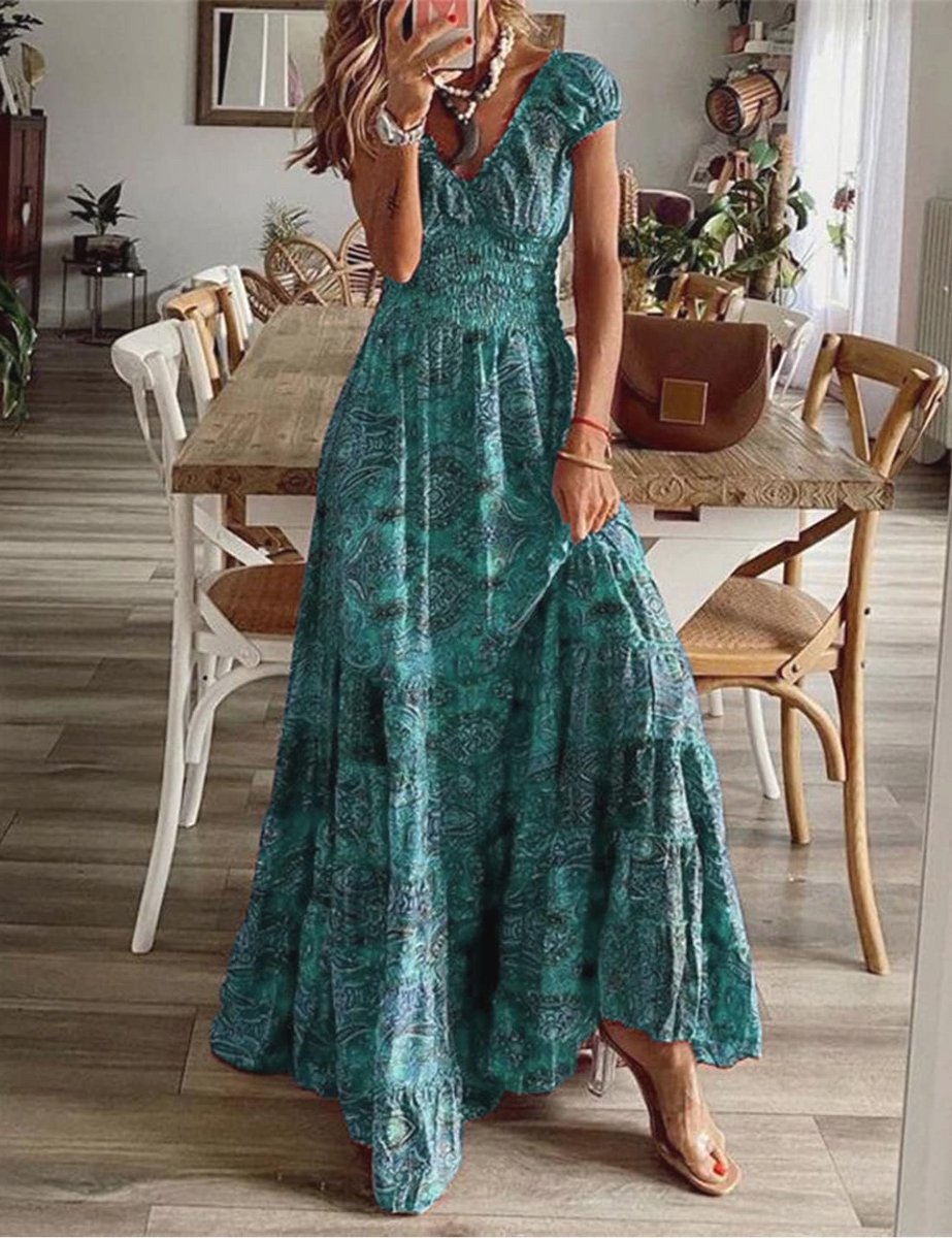 Zomerjurken voor Vrouwen V-Hals Bloemen Casual Maxi Jurk