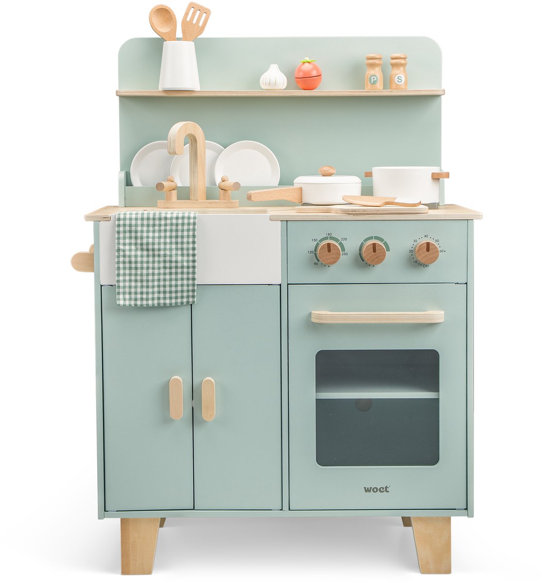 Woet® Houten Speelgoed Kinderkeuken Mint Groen - Speelkeukentje met Pannen, Servies, Groente en Snijplank - Houten Speelkeuken - Werkbladhoogte 55 cm - Rollenspel - Vanaf 3 Jaar