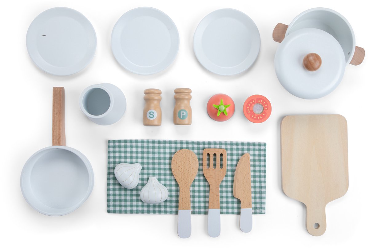 Woet® Houten Speelgoed Kinderkeuken Mint Groen - Speelkeukentje met Pannen, Servies, Groente en Snijplank - Houten Speelkeuken - Werkbladhoogte 55 cm - Rollenspel - Vanaf 3 Jaar — afbeelding 4