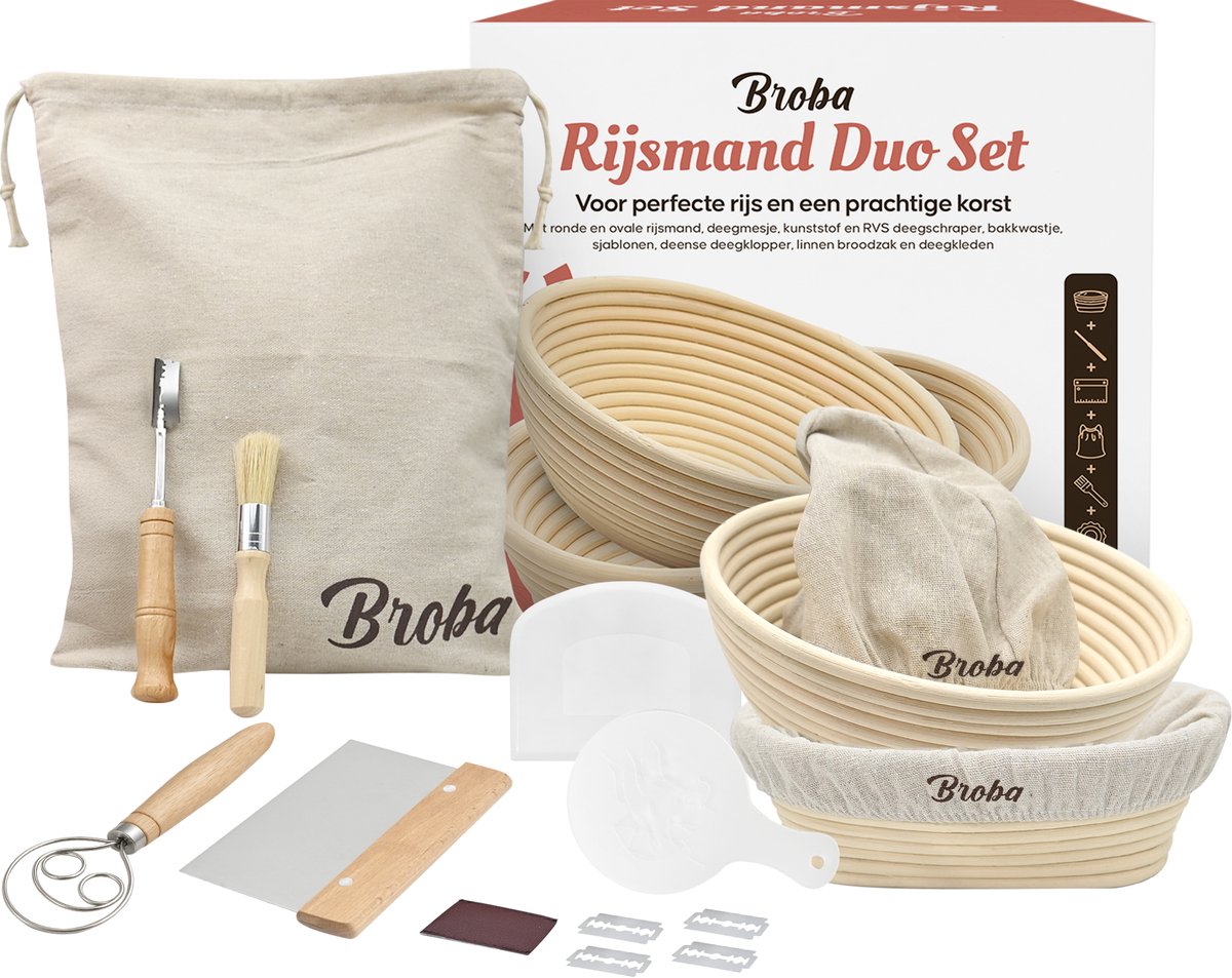Rijsmand met Deegschraper en Broodzak voor Broodbakken - Rond en Ovaal Rijsmandje geschikt voor Zuurdesem - Broodmand Brood Bakken - Set met Deegsnijder Deegmesje Deegsteker Deegkleed Deense Deegklopper - voor Zelfgebakken Brood