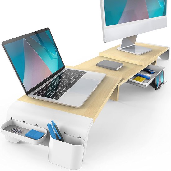 Metalen monitorstandaard met lade en 2 pennenhouders voor bureau