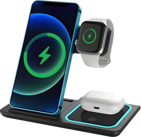 Nuvance Draadloze Oplader - 3 in 1 - 15W - Oplaadstation - Snellader - Wireless Charger - voor Smartphone, Smartwatch & Oortjes