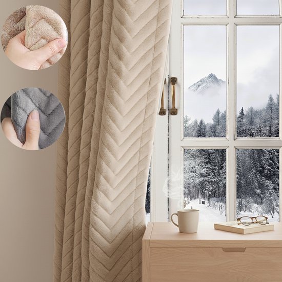 MUPOO Thermisch verduisterend pluche gordijn kant en klaar 1 stuks -Kort Polig - 350gsm Zwaar Gordijn 140x265cm- voor Slaapkamer Woonkamer -Beige