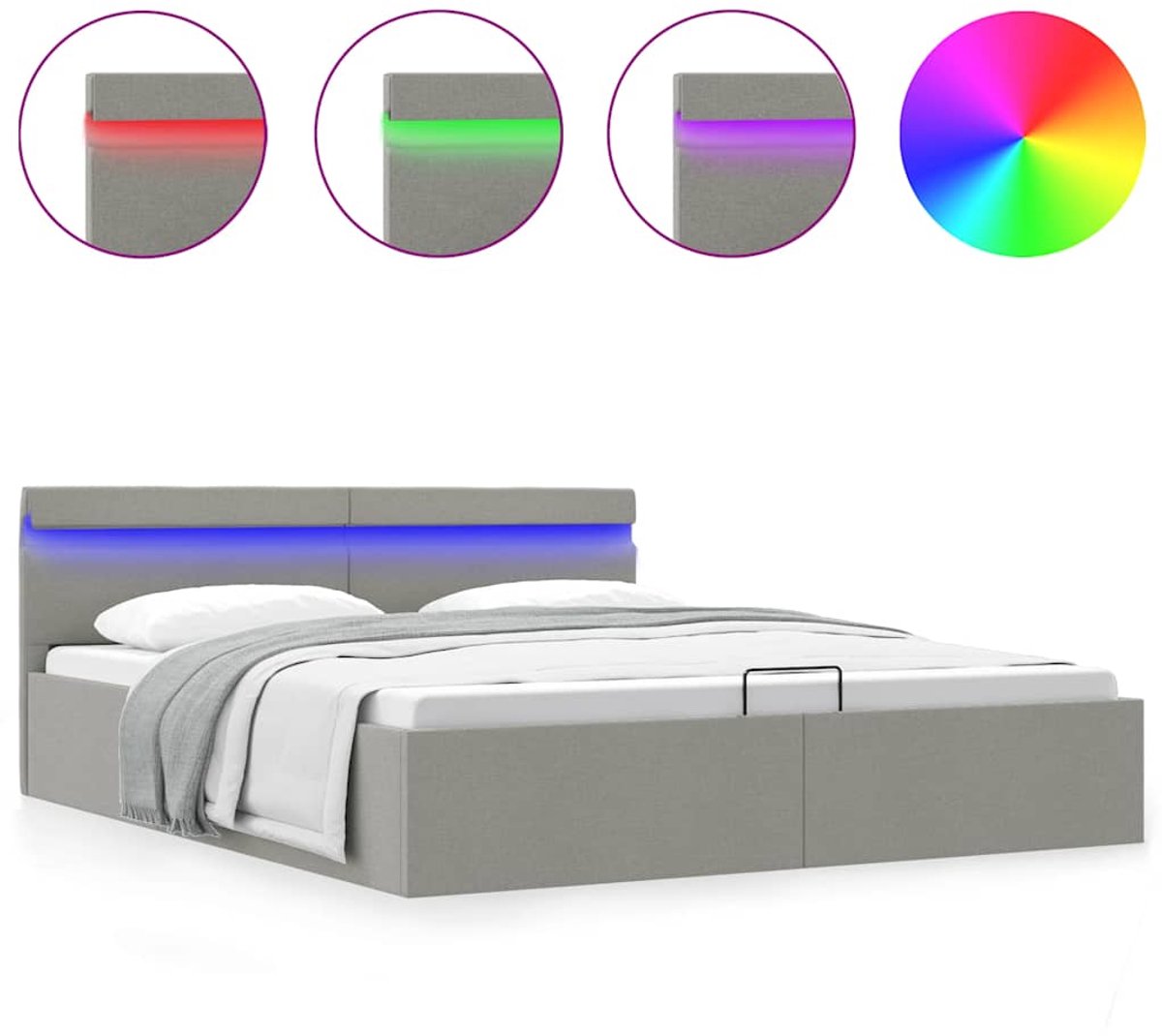 Tweepersoonsbed | Dubbelbed | Volwassenenbed | Bedframe met opbergruimte en LED stof lichtgrijs 180x200 cm