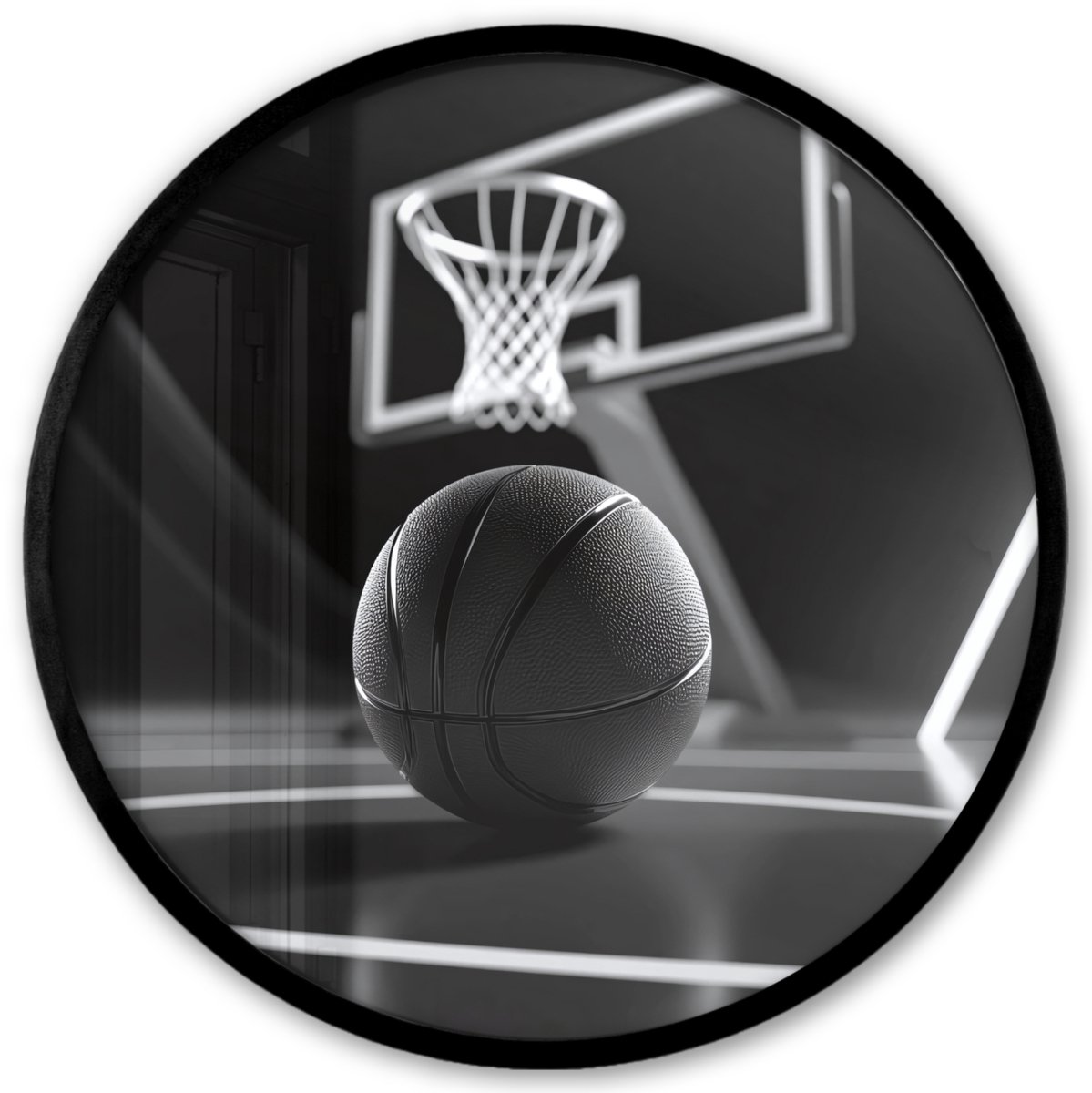 FrameYourWall Poster in lijst Rond - Fotolijst 40x40 cm - Posters - Basketbal - Basketbalveld - Lichtlijnen - Ronde posterlijst zwart - Decoratie - Wanddecoratie woonkamer - Muurdecoratie slaapkamer