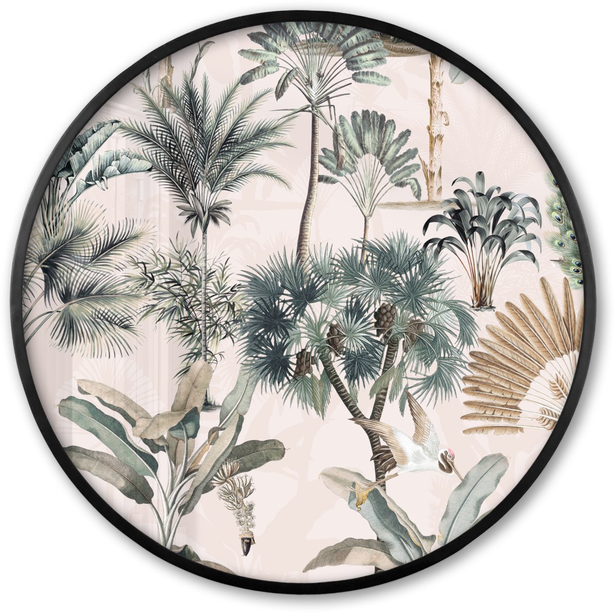 FrameYourWall Poster in lijst Rond - Fotolijst 60x60 cm - Posters - Bladeren - Monstera - Jungle - Tropical - Ronde posterlijst zwart - Decoratie - Wanddecoratie woonkamer - Muurdecoratie slaapkamer Multicolor