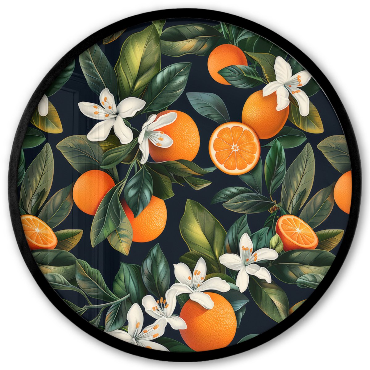 FrameYourWall Poster in lijst Rond - Fotolijst 40x40 cm - Posters - Sinaasappels - Bloesems - Bladeren - Tropisch - Ronde posterlijst zwart - Decoratie - Wanddecoratie woonkamer - Muurdecoratie slaapkamer Multicolor