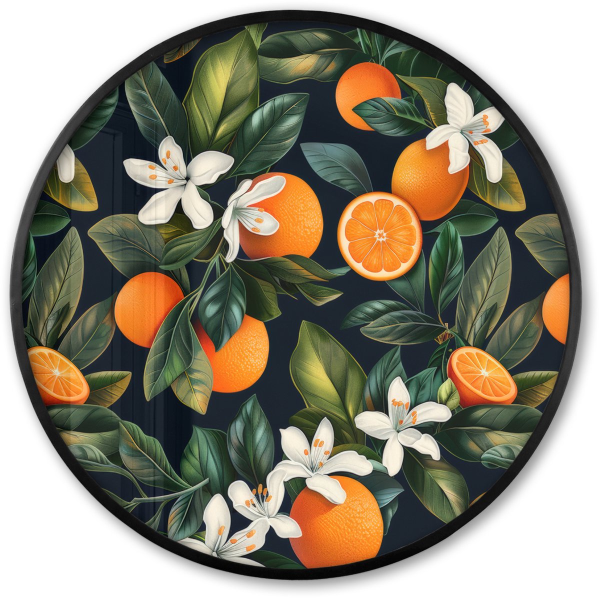 FrameYourWall Poster in lijst Rond - Fotolijst 60x60 cm - Posters - Sinaasappels - Bloesems - Bladeren - Tropisch - Ronde posterlijst zwart - Decoratie - Wanddecoratie woonkamer - Muurdecoratie slaapkamer Multicolor