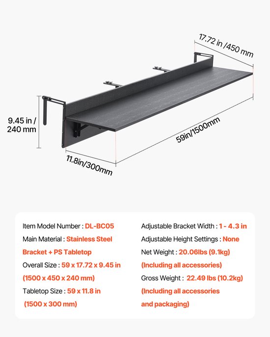 VEVOR Balkontafel Hangtafel Balkon Hangtafel Opvouwbaar Opvouwbare tafel 1500x300mm van Merkloos — afbeelding 2