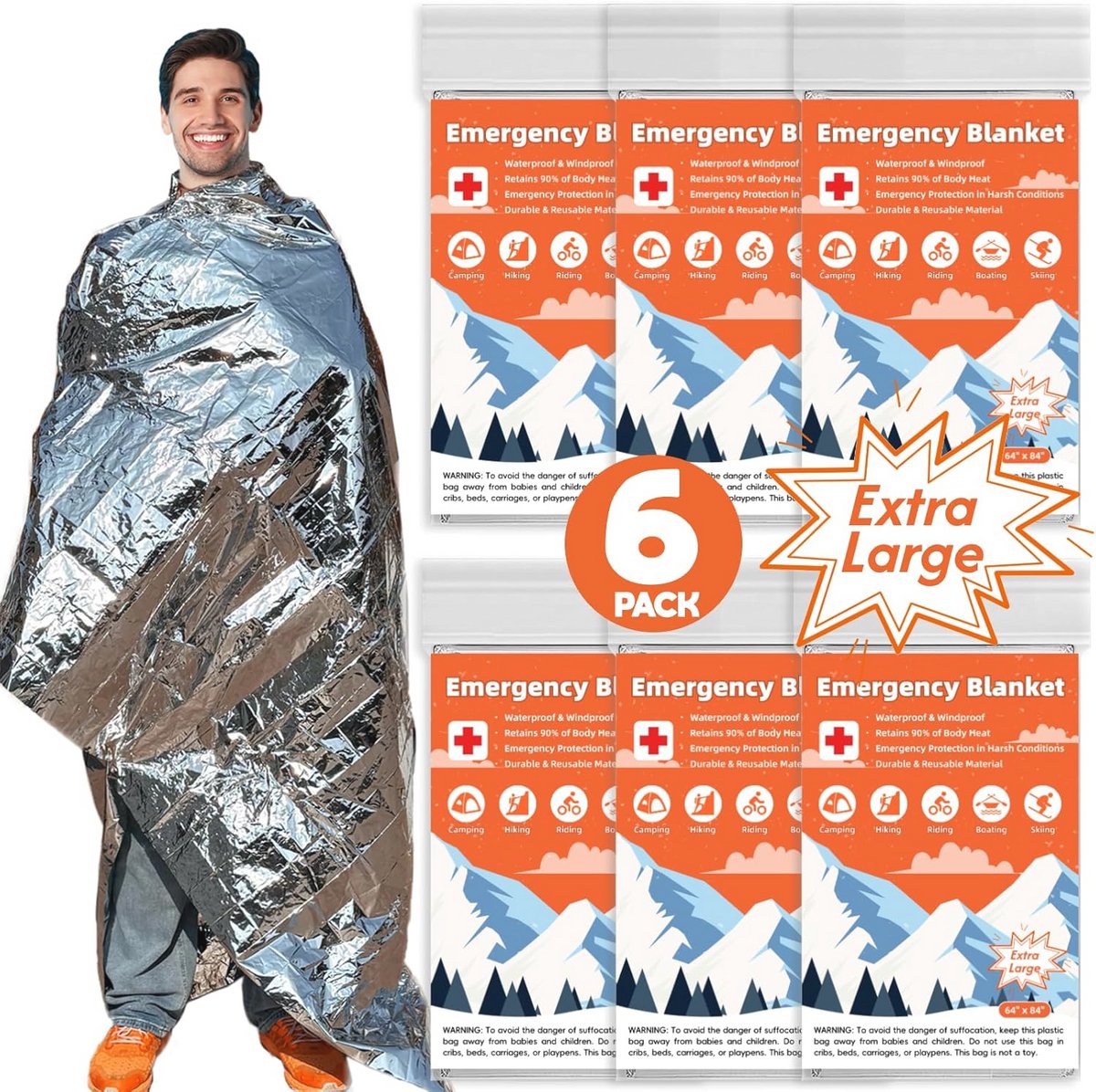 6 Stuks Thermische Nooddeken - Extra Grote Mylar Dekens voor Overleven en Camping - Ruimtedeken en Lichaamswarmerdeken