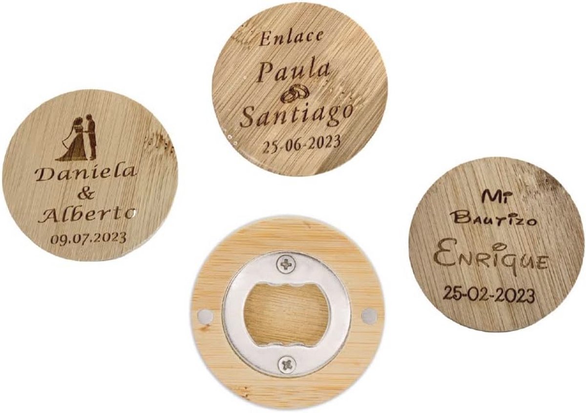 Gepersonaliseerde Bamboe Flesopeners met Magneet voor Bruiloft en Evenementen - 50 Stuks
